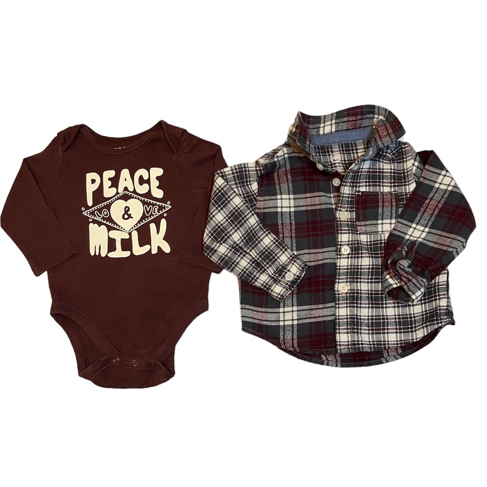 2 piece Peace, Love & Milk onesie with matching flannel shirt size 12-18 months